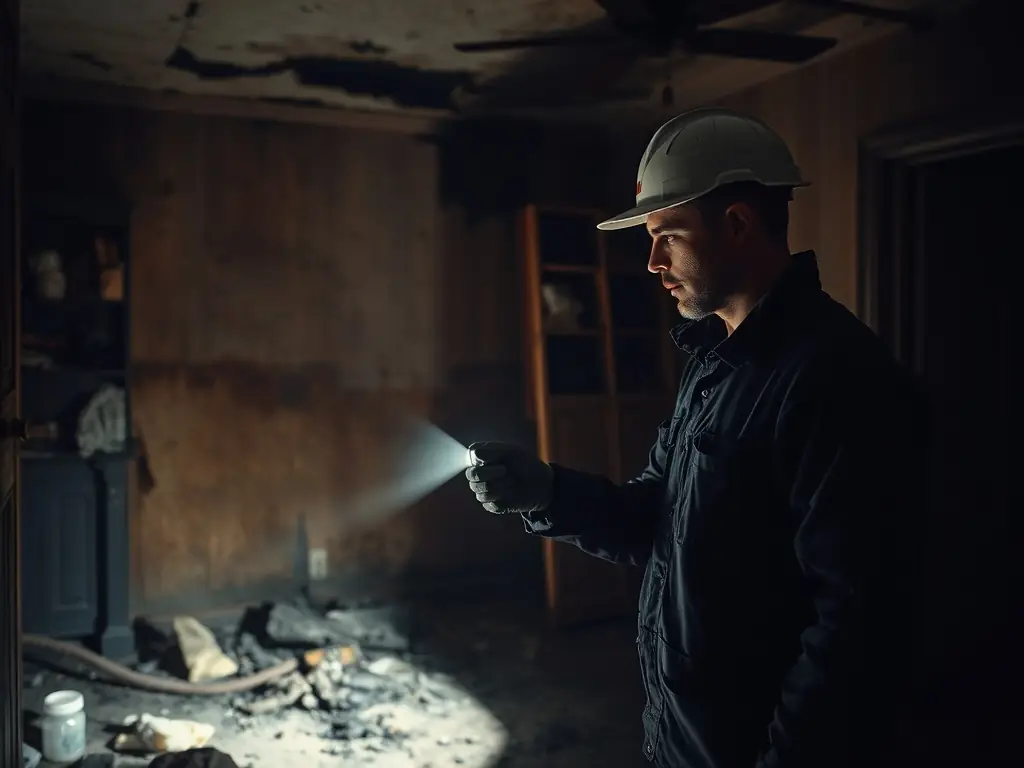 Technician assessing fire damage in a residential home.